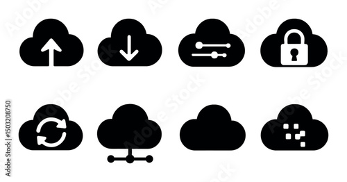 Cloud technology silhouette icons set – simple web, data storage, security graphics