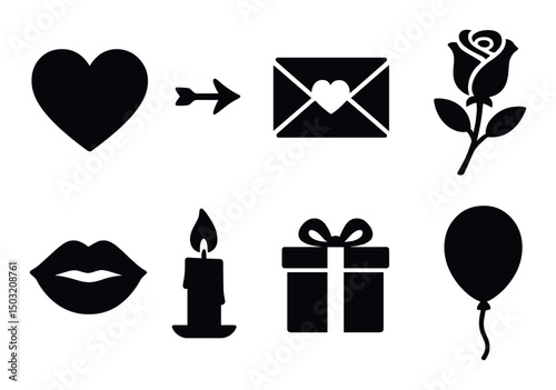 Valentine's day silhouette icons set – simple, romantic, love-themed symbols