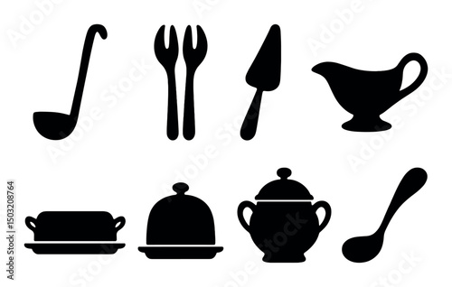 Serving tools silhouette icons set – simple kitchen utensils, dining symbols collection