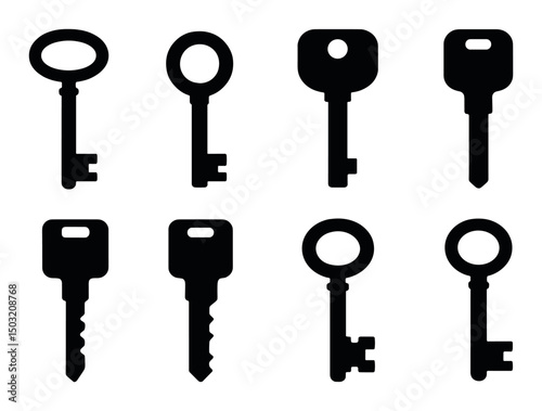 Mechanical key silhouette icons set – lock, security and access symbols