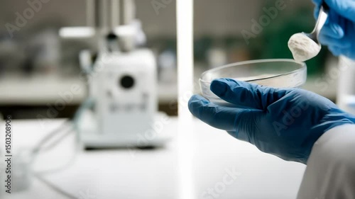 Close-up of gloved hands holding spoon with creamy white substance over a clear glass bowl with more of the same substance.