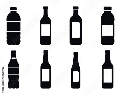 Beverage and bottle label icons set – silhouette, packaging and container graphics