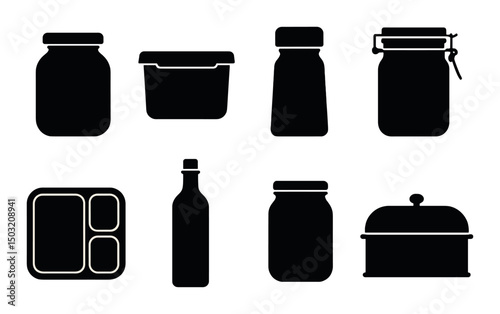 Storage containers silhouette icons set – simple, dark, kitchen essentials