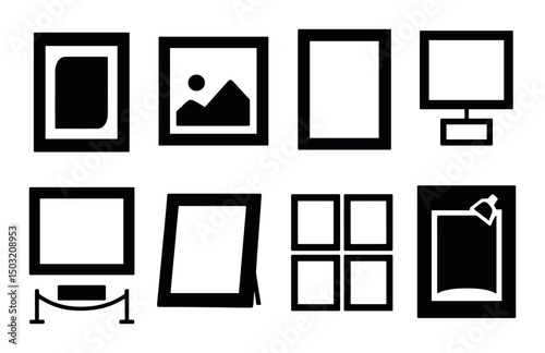 Picture frames silhouette icons set – minimalist, decorative and art display designs