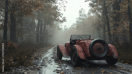 Vintage red convertible on a muddy forest road during a foggy autumn morning surrounded by tall trees and fallen leaves