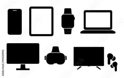 Digital device silhouette icons set – gadgets, technology and electronics symbols