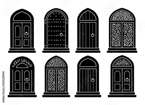 Zanzibar door silhouette icons set – architectural, entrance and arabesque style symbols