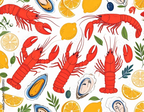 Vibrant Seafood Pattern Red Lobsters Oysters Lemons and Greenery on White photo