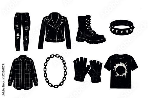 Grunge fashion silhouette icons set – edgy, alternative, punk style symbols