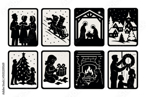 Festive silhouette icons set – holiday, christmas and winter celebration designs