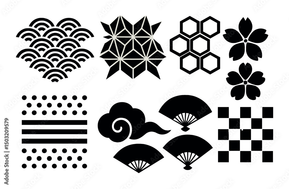 Japanese pattern icons set – silhouette, traditional and cultural design elements