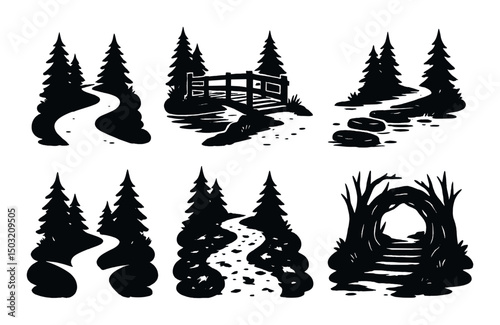 Forest path silhouette icons set – simple, nature and woodland trail symbols