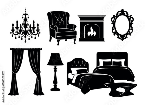 Luxury interior icons set - silhouette, home, decor essentials