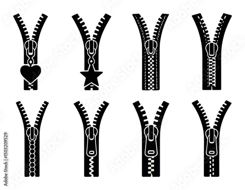 Decorative zipper silhouettes icons set – simple, closure and fastener designs