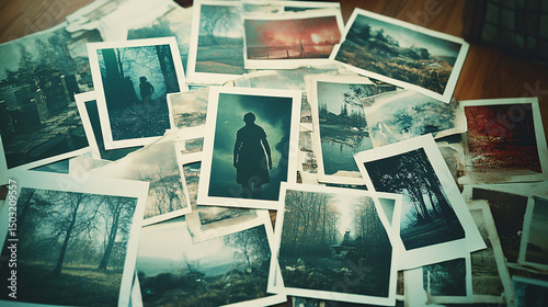 Vintage Polaroid Photos Scattered on Wooden Floor Depicting Mysterious Foggy Forests and Melancholic Outdoor Scenes