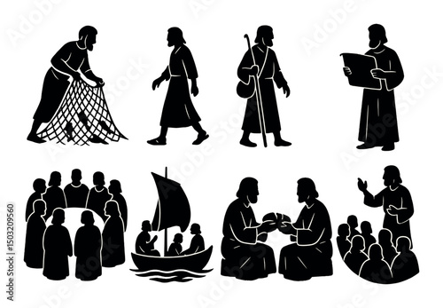 Apostles' silhouettes icons set – simple outlines, biblical and disciples figures