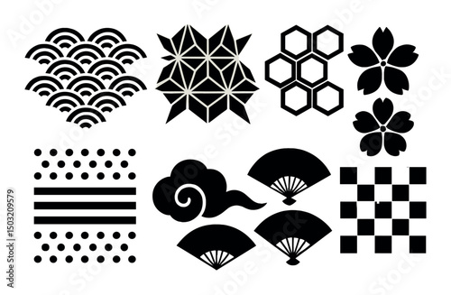 Japanese pattern icons set – silhouette, traditional and cultural design elements