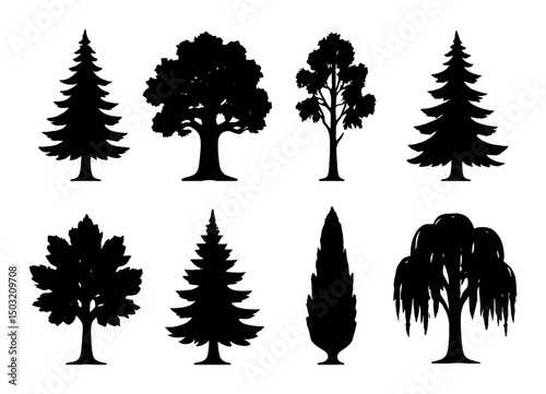 Forest tree silhouettes icons set – simple, nature and woodland graphics