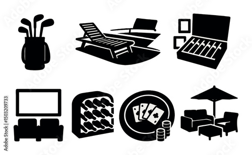 Golf and leisure silhouette icons set – luxury, relaxation and recreation symbols