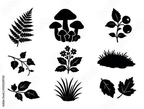 Forest plants silhouette icons set – nature, botanical and flora symbol collection
