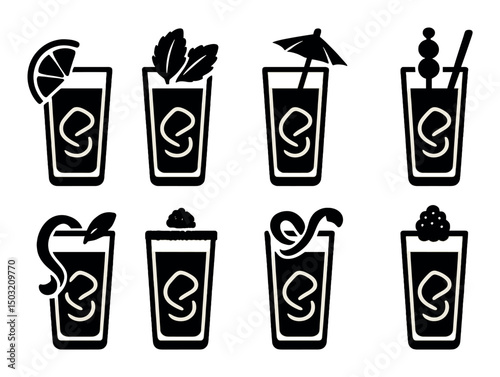 Beverage and garnished juice icons set – silhouette, drink and cocktail symbols