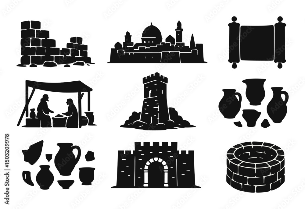 Obraz premium Ancient jerusalem silhouette icons set – historic, biblical and middle eastern symbols