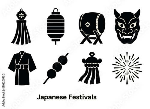 Japanese festival silhouette icons set – cultural, celebration and seasonal symbols