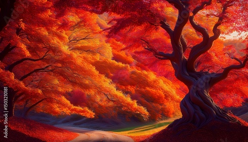 Abstract swirling autumn leaves in Arrowtown's landscape, vibrant oranges, reds, yellows, crimson, october landscape