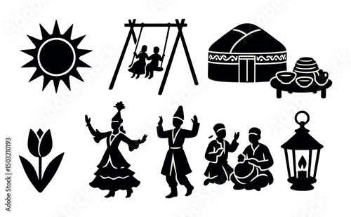 Nauryz festivities silhouette icons set – cultural, celebration and tradition symbols