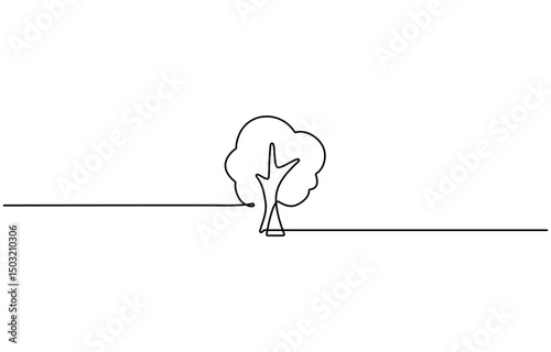 Continuous on Bench in park near tree and lantern. Continuous One line minimalism style drawing. e-line drawing three trees by the road, 