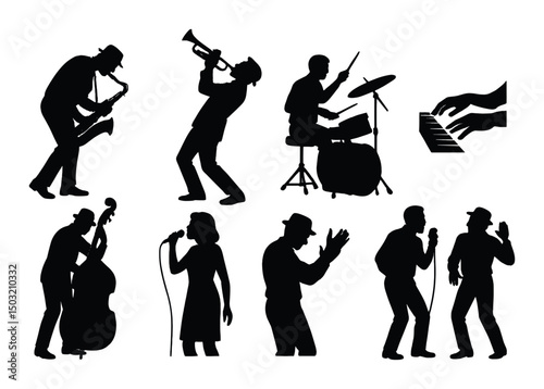 Jazz ensemble silhouette icons set – music, band and performance symbols