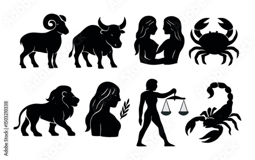 Zodiac animal silhouettes icons set – astrological, horoscope and simple symbols