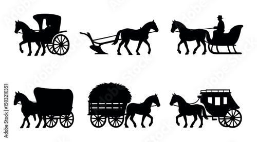 Horse-drawn vehicle icons set with silhouettes – vintage, carriage and cart symbols