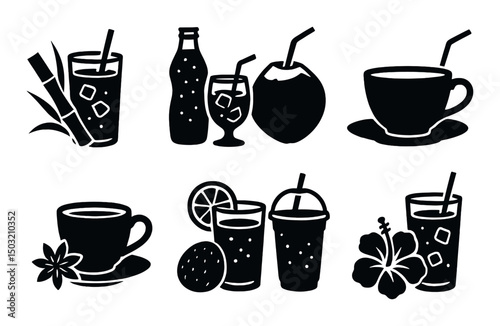 Tropical drinks silhouette icons set – beverage, refreshment and cocktail symbols