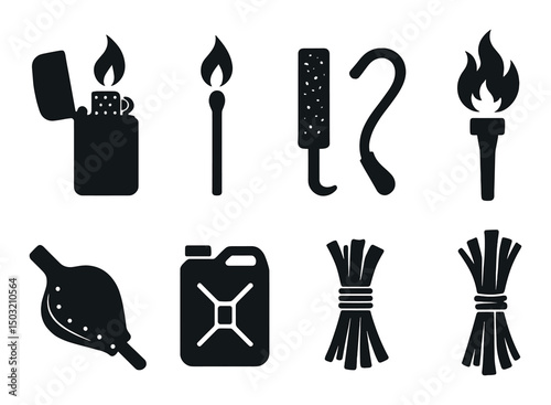 Fire tools silhouette icons set – essentials, equipment, emergency symbols collection