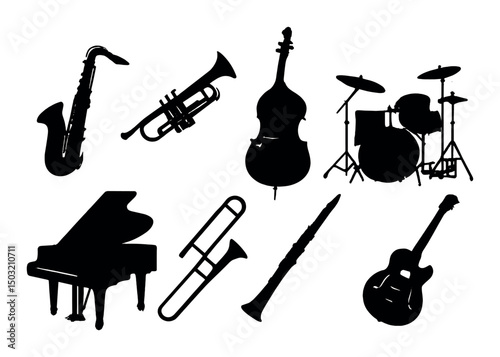Jazz instrument icons set – silhouette, music symbols and band elements