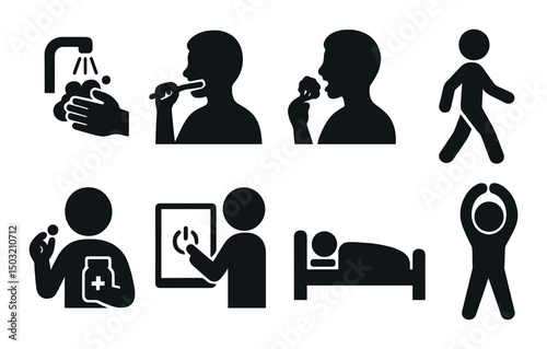 Healthy habits silhouette icons set – wellness, lifestyle and daily routine symbols
