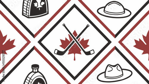 Seamless Canadian icon pattern with maple leaves, hockey sticks, and traditional symbols for patriotic merchandise, tourism branding, sports packaging, and national holiday decor