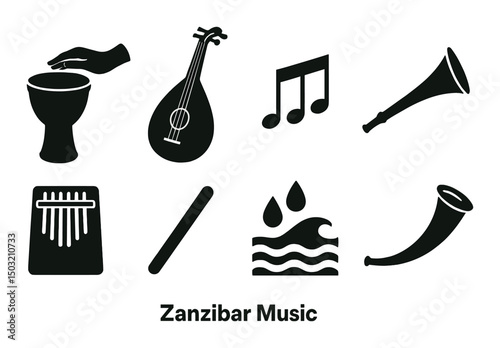 Zanzibar musical instruments silhouette icons set – percussion, strings, traditional