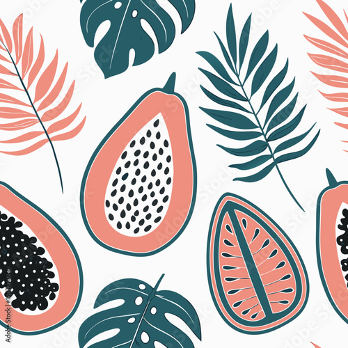 Seamless tropical papaya pattern with bold leaves and soft tones for organic branding, summer textiles, tropical-themed products, botanical blogs, and exotic packaging