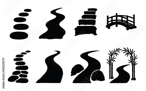 Zen garden pathways icons set - silhouette, meditative and tranquil symbols