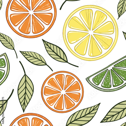Seamless citrus fruit pattern with orange, lemon, and lime slices for summer-themed packaging, food blogs, kitchen textiles, eco branding, and refreshing product visuals