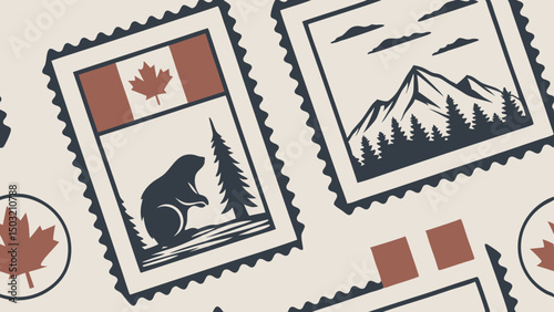 Seamless pattern with vintage-style Canadian stamps featuring national symbols for heritage branding, retro tourism projects, blog visuals, and patriotic packaging