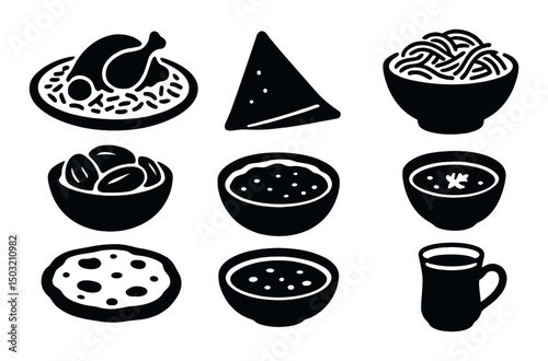 Kuwaiti cuisine silhouettes icons set – traditional, food and cultural symbols