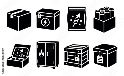 Firework storage silhouette icons set – safety, explosive, and container symbols