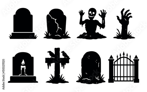 Graveyard icons set - silhouette, cemetery, spooky symbols for halloween designs