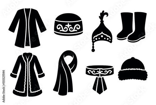 Kazakh clothing silhouette icons set – traditional, cultural and folk attire symbols