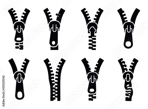 Zipper malfunctions icons set – silhouette, closure system and fastener graphics
