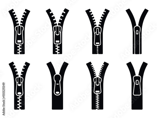 Zipper silhouette icons set – fastening, closure, and garment style symbols