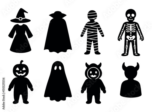 Halloween costume silhouette icons set – spooky, dress-up and festive symbols